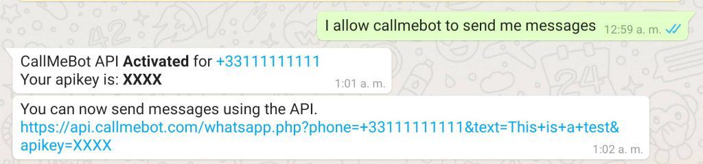 Callmebot activation message